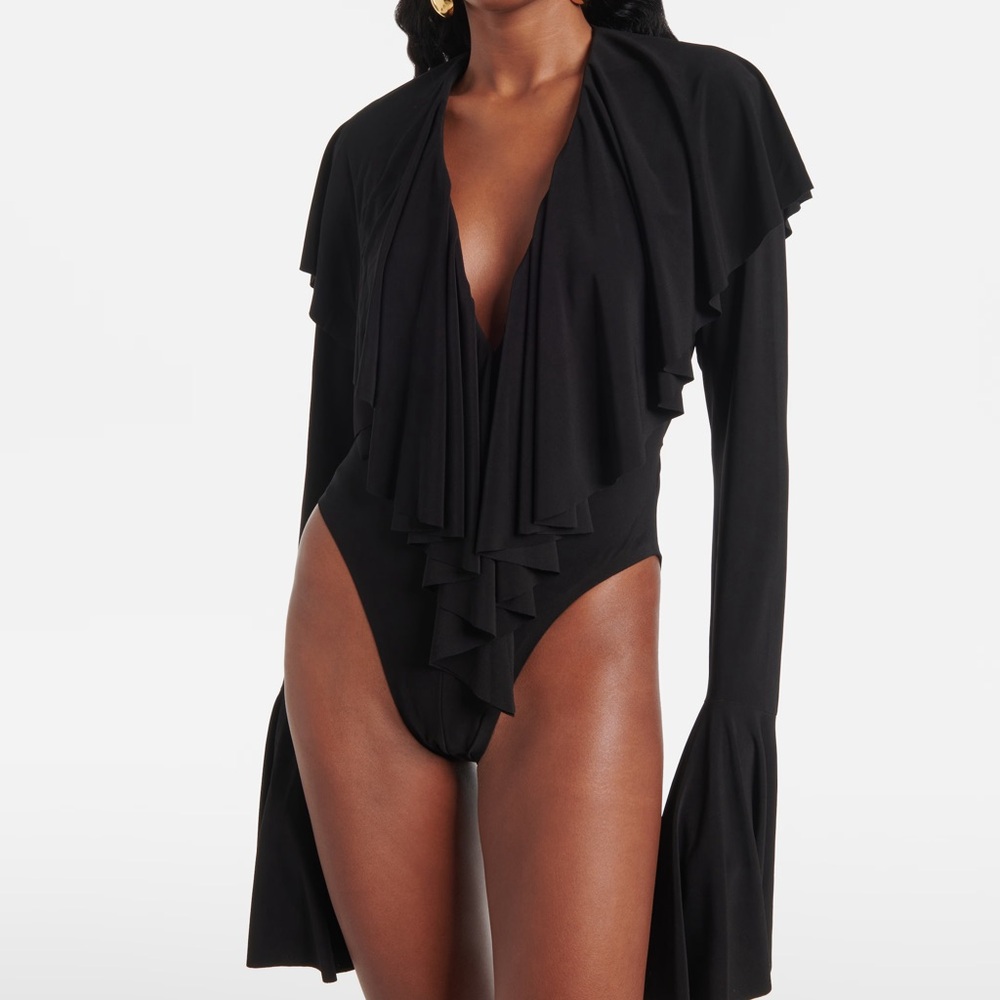 Norma Kamali Black Long Sleeve Deep V Ruffled Bodysuit